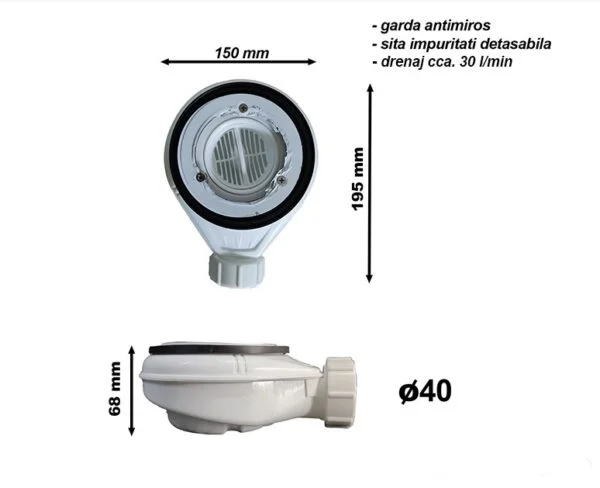 Cădiță de duș Serena, antracit, cu sifon inclus - imagine 2