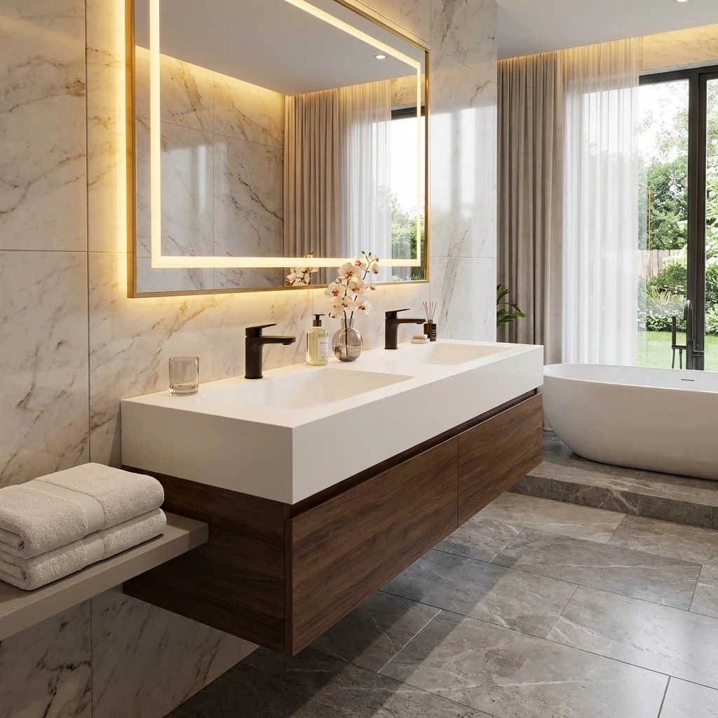 Lavoar dublu Imperma într-o baie modernă cu mobilier din lemn